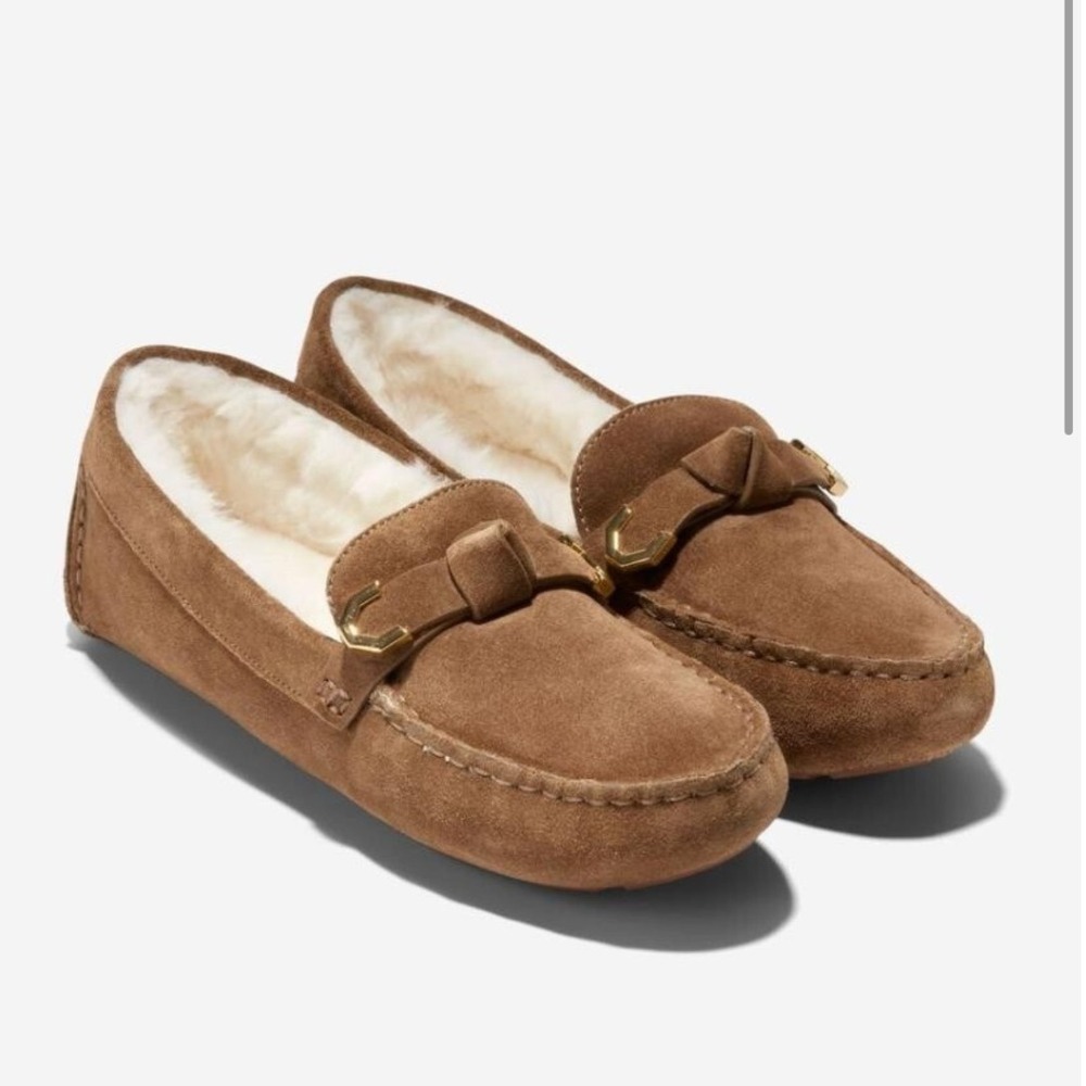 Cole Haan Evelyn Bow Suede Faux Fur Lined Moccasin Slippers Women's Size 6.5